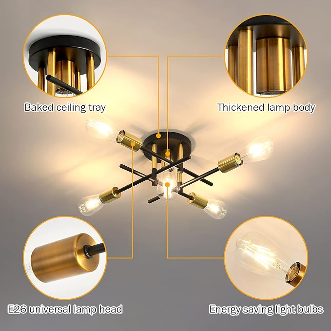 UOFUS Farmhouse 5-Light Semi Flush Mount Ceiling Light Fixture with E26 Modern Matte Black and Gold Chandelier Sputnik Ceiling Lamp for Hallway Kitchen Dining Room Bedroom Study Living Room Bathroom