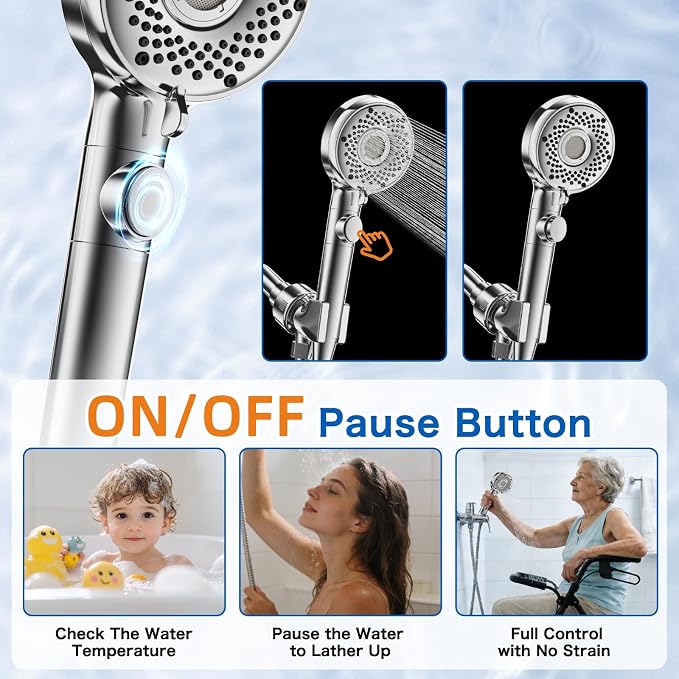 Shower Head with Handheld with 5 Spray Modes and Detachable Power Wash, High Pressure Shower Head with ON/OFF Switch for Pets, Clean Tub, Shower Heads with Stainless Steel Hose