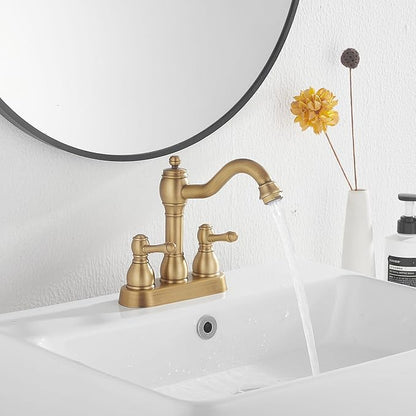 GGStudy Antique Brass Bathroom Faucet 2 Handles 4 Inches Centerset RV Bathroom Vanity Faucet with Drain Assembly and Supply Hose Lavatory Faucet