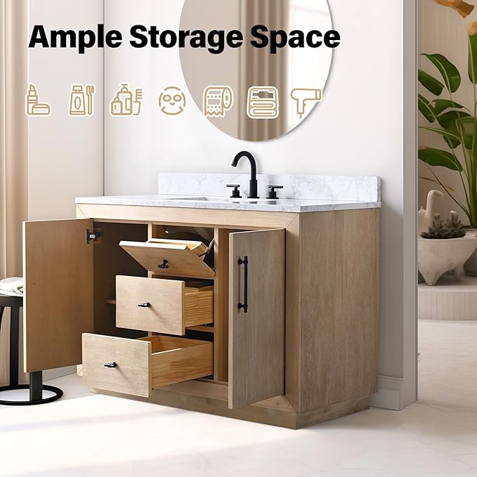 Vanity Art 48" Bathroom Vanity with Sink, Vanity Cabinet with Doors and Shelf, Modern Wood Bathroom Vanity with White Marble Top, Solid Wood Frame, 3 Functioning Drawers,VA70-48-LW-E