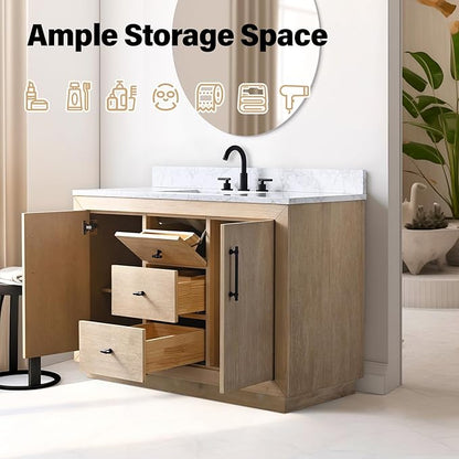 Vanity Art 48" Bathroom Vanity with Sink, Vanity Cabinet with Doors and Shelf, Modern Wood Bathroom Vanity with White Marble Top, Solid Wood Frame, 3 Functioning Drawers,VA70-48-LW-E