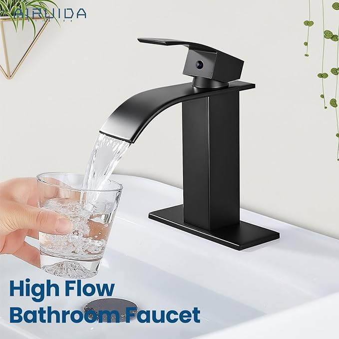 Airuida Matte Black Waterfall Bathroom Faucet, Single Handle Single Hole Bathroom Sink Faucet Deck Mount Mixer Tap with Deck Plate, Rv Lavatory Vanity Washbasin Faucet