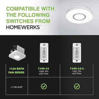 Homewerks 7130-40-BT DC Bathroom Fan with Light and Bluetooth Speaker 90-CFM 1.2 Sones White Easy Install, 4000 Kelvin Cool White Light