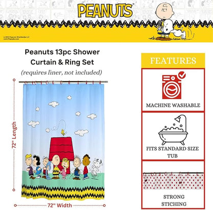 Peanuts 13-Piece Shower Curtain Set, 72 x 72 Inch Fabric Curtain with Hooks, Bathroom Decor, Machine Washable, (100% Officially Licensed Product) by Franco Collectibles