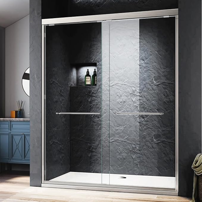 Semi-Frameless Glass Shower Door 50-54'' W x 72'' H with 4'' Adjustable Rail, Bathroom Double Sliding Door with 1/4'' Clear Tempered Glass,Brushed Nickel 304 Stainless Steel Hardware