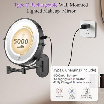 FUNTOUCH 20X/3X Rechargeable Wall Mounted Makeup Vanity Mirror with Lights, Double Sided Magnifying Wall Mount Mirror,3 Color Lighting, Touch Screen Dimming,Extension Arm 360 Rotation Wall Mirrors