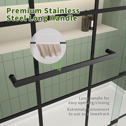 Semi-Frameless Double Sliding Shower Door, Grid Pattern Matte Black Finish | 56"-60" W x 72" H Shower Doors,6mm Clear SGCC Tempered Glass,Bypass Shower Enclosure Easy-Clean Nano Coating&Adjustable Width