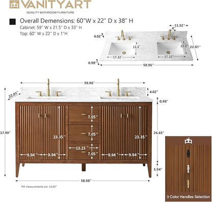 Vanity Art 60 inch Walnut Bathroom Vanity with Double Sink & Ceramic Top, Vanity Cabinet with Soft-Closing Door, Solid Wood Frame, Linear Pattern, Walnut, VA9160-DWalnut-MB,Matte Black Handles