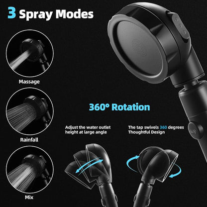 Marbrasse High Pressure Shower Head, 3-Settings Handheld Showerhead with ON/Off Full Shutoff Push Button and Switch to Control Flow, Angle-Adjustable Water Saving(Matte Black, 2Pack)