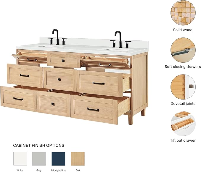 ARIEL Monroe 72-inch Bathroom Vanity with Sink,Solid Wood, 1.5-inch Pure White Quartz Countertop & Backsplash, Double Oval Porcelain Sink, 9 Dovetail Drawers, Matte Black, White Oak