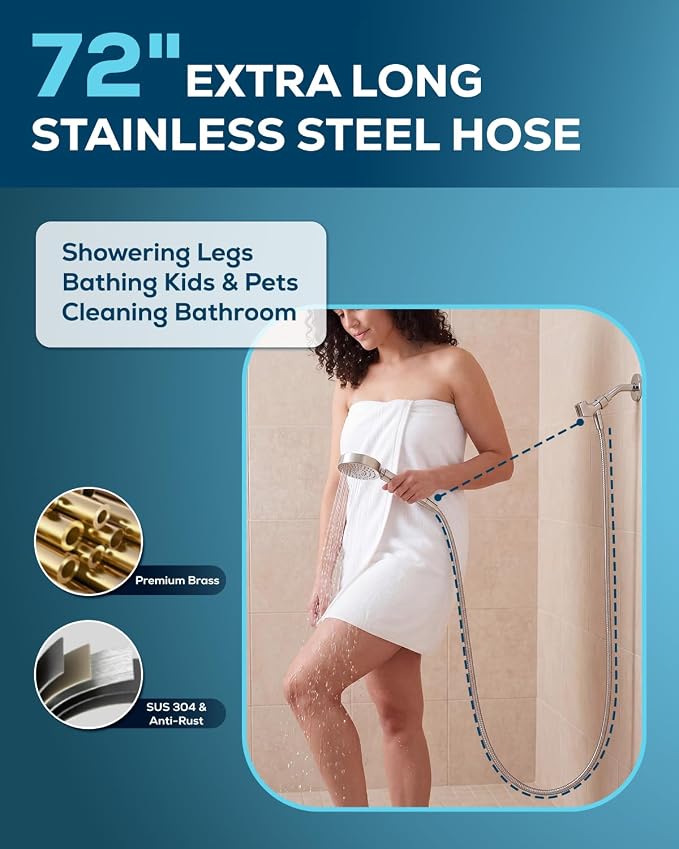 PWERAN Handheld Shower Head with 72" Hose, High Pressure Shower Heads | All Metal,6 Spray,Stainless Steel Showerheads,Built-in Pause Mode,Hand HeId Showerhead,Non-Clogging Nozzles,Adjustable Holder