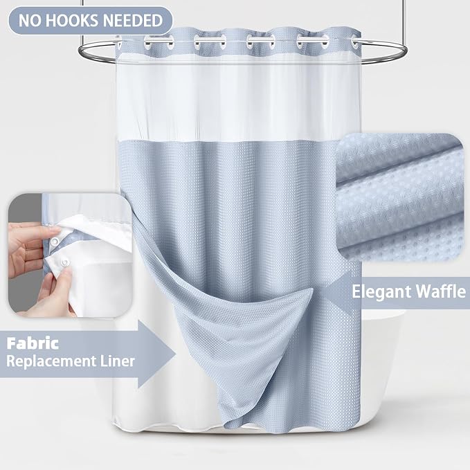 No Hook Shower Curtain and Liner Set,Mist Blue Hotel Waffle Shower Curtain with Liner 75" L x 72" W