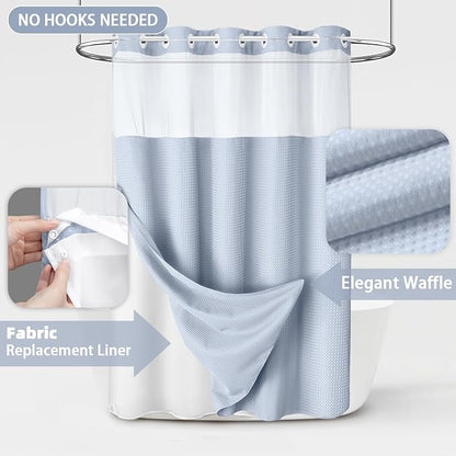 No Hook Shower Curtain and Liner Set,Mist Blue Hotel Waffle Shower Curtain with Liner 75" L x 72" W