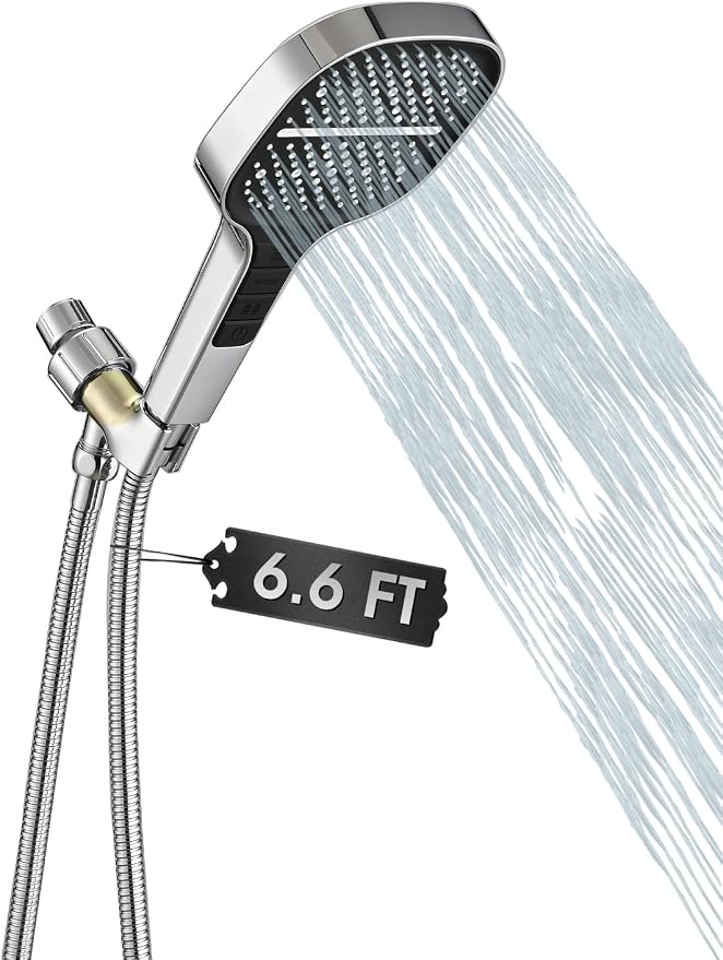 Handheld Shower Head with Extra Long Hose, 8 Setting Square Detachable Hand Held Spray with Upgrade Button & On Off Switch, 79" Hose - Chrome