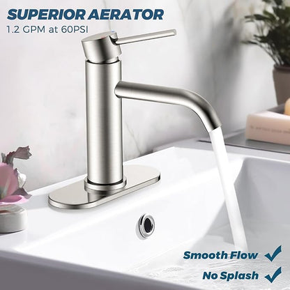FORIOUS Single Hole Bathroom Faucets 1 Handle, Brushed Nickel 3 Hole Bathroom Sink Faucet with Metal Pop up Drain and Supply Hose, Suitable for Vanity Lavatory Restroom Remodel