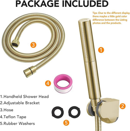 Handheld Shower Head Sprayer Shower Wand Hand Shower Showerhead Gold | Brushed Gold High Pressure Showerhead, Hand Held Sprayer, Brass Shower Head, Wall Mounted, 60 In Stainless Steel Shower Hose