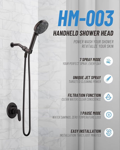Filtered Handheld Shower Head for Hard Water, High Pressure Showerhead with 7 Spray Modes, Power Jet & Pause, Detachable & Adjustable for Healthier Skin & Hair - Oil Rubbed Bronze (VMASSTONE HM-003)