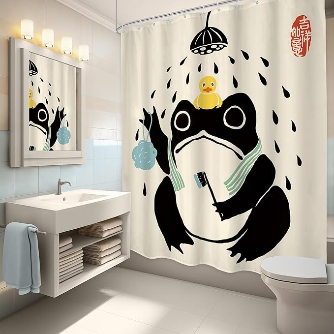 LGhtyro Funny Frog Shower Curtain Bathroom Set 60Wx71H Inches Asian Style Traditional Japanese Art Rubber Duck Cute Animal Bath Accessories Retro Black Beige Art Home Decor Fabric 12 Pack Hooks