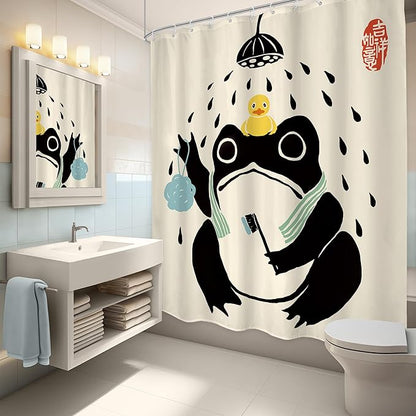LGhtyro Funny Frog Shower Curtain Bathroom Set 60Wx71H Inches Asian Style Traditional Japanese Art Rubber Duck Cute Animal Bath Accessories Retro Black Beige Art Home Decor Fabric 12 Pack Hooks
