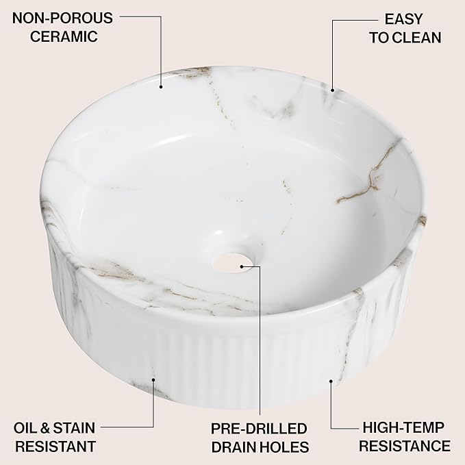 JONATHAN Y SNK1006C 14.75" Round Bathroom Vessel Sink, Modern White Marble Finish Ceramic Above Counter Sink Bowl with Ribbed Exterior, Art Deco Designer Vanity Basin for Powder Rooms