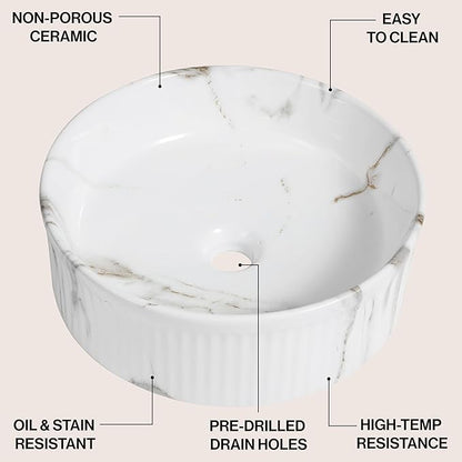 JONATHAN Y SNK1006C 14.75" Round Bathroom Vessel Sink, Modern White Marble Finish Ceramic Above Counter Sink Bowl with Ribbed Exterior, Art Deco Designer Vanity Basin for Powder Rooms