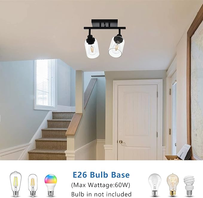 MELUCEE 2 Light Wall Scone Spotlight Semi Flush Mount Ceiling Light, 13.8 Inch Black Bathroom Lights Rotatable Track Lighting Kit for Hallway Porch Foyer Bath Storage, Clear Glass Shade