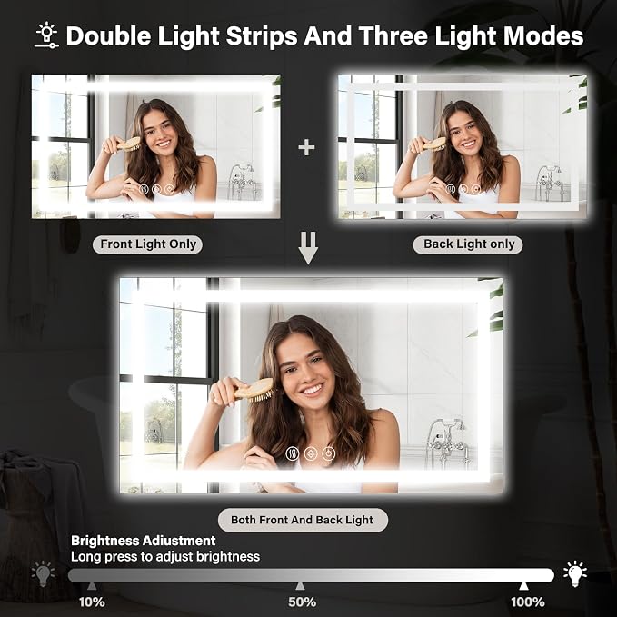 XRAMFY 40"X60"LED Bathroom Mirror, Backlit + Front Lit Wall Mirror | LED Bathroom Mirror with Lights for Wall, 3 Colors, Anti-Fog, Dimmable Brightness, Tempered Glass