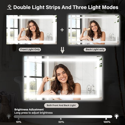 XRAMFY 40"X60"LED Bathroom Mirror, Backlit + Front Lit Wall Mirror | LED Bathroom Mirror with Lights for Wall, 3 Colors, Anti-Fog, Dimmable Brightness, Tempered Glass