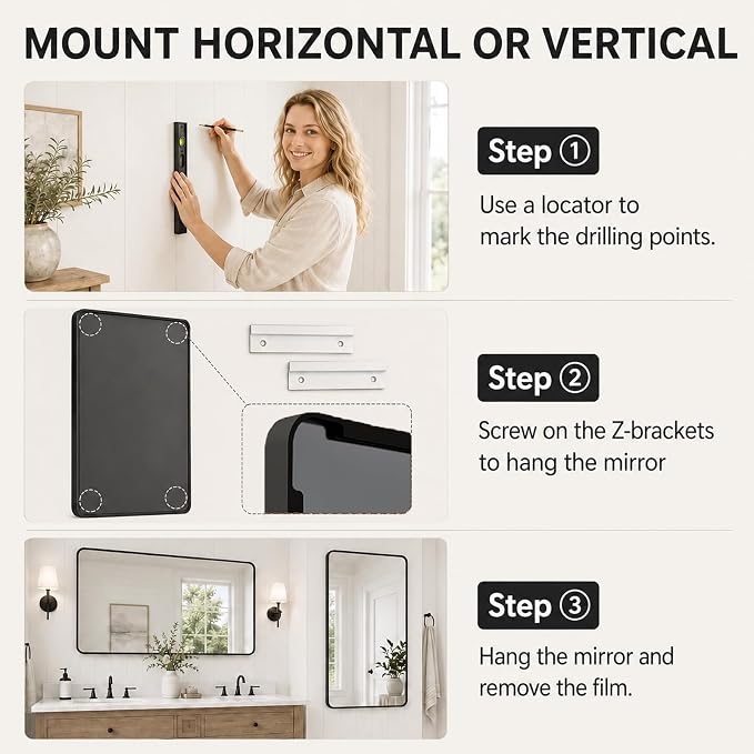 pertetey 60 x 40 in Rounded Rectangle Bathroom Mirror | Black Metal Frame, Tempered Glass, Wall Mounted