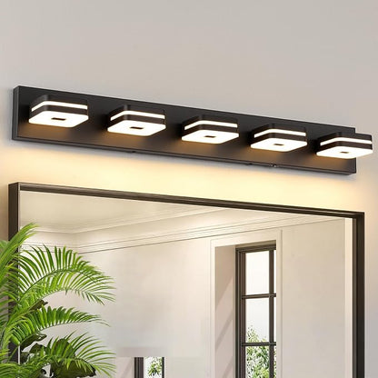 Modern Bathroom Vanity Light Fixture, 34" 5-Light Dimmable LED Wall Sconce Over Mirror, Matte Black Acrylic Vanity Lights for Bathroom, 5CCT Adjustable, Indoor Use