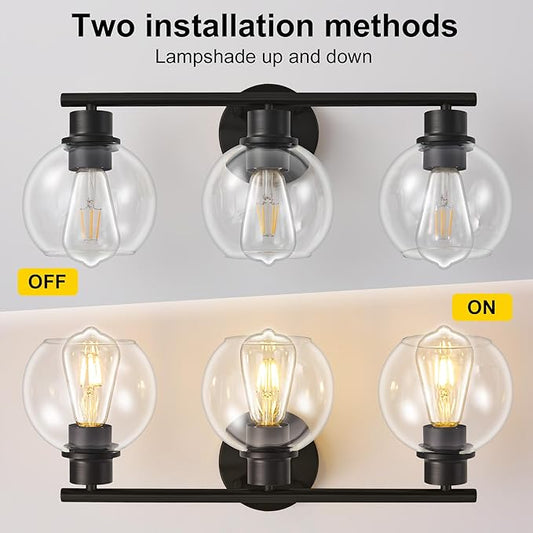 Bathroom Light Fixtures Over Mirror 3-Lights Bathroom Vanity Light with Clear Globe Glass Shade 22 inch Modern Black Vanity Lights Wall Sconce Lighting for Bath