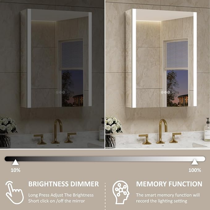 16 x 24 Inch Medicine Cabinet with Mirror and LED Light for Bathroom | Recessed, Wall-Mounted, Dimmable, Anti-Fog, Memory Function, 3 Color Mode, Outlet&USB, Adjustable Shelf, ETL Listed, Aluminum