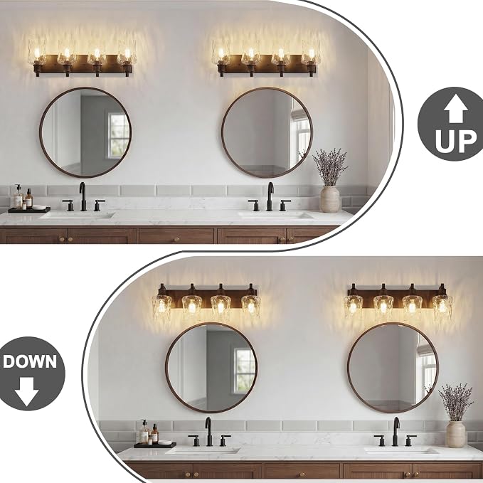 Bathroom Light Fixtures Farmhouse Oil Rubbed Bronze Vanity Lights for Bathroom Lighting Fixtures Over Mirror with Hammered Glass Lampshade for Cabinet Mirror Bedroom Hallway 4 Light