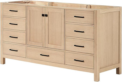 ARIEL Cambridge 66-inch Bathroom Vanity Base Cabinet,Solid Wood, 2 Soft Closing Doors, 9 Dovetail Drawers, White Oak