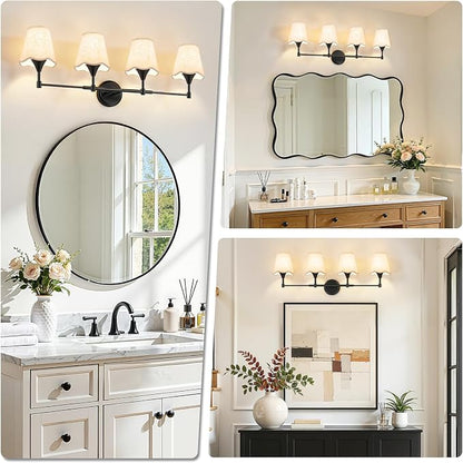 Modern Bathroom Vanity Light Fixtures: Matte Black Vanity Lights Over Mirror with Flared Fabric Shade, Farmhouse Bathroom Lighting Fixtures, 4 Light Wall Sconces Lights for Bedroom Hallway Living Room