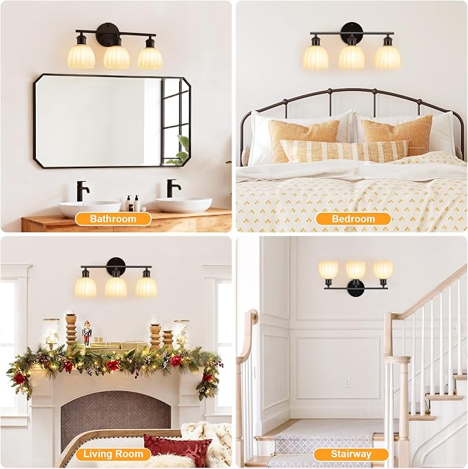 Bathroom Light Fixtures, 3-Light Brushed Black Vanity Lights for Bathroom with White Tulip Glass Shade, 20" Vintage Bathroom Vanity Lighting Fixtures Over Mirror for Bedroom Living Room Hallway