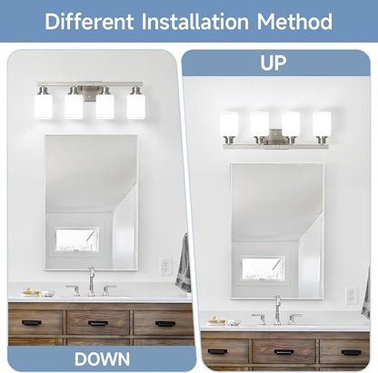 4-Light Bathroom Vanity Light,Brushed Nickel Vanity Lights with Square Frosted Glass,Modern Bathroom Wall Lights Fixtures Over Mirror,Wall Sconces Lighting for Bedroom Living Room,E26