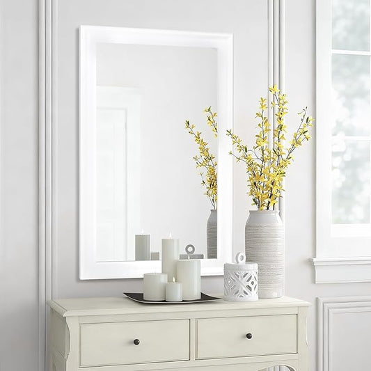 Tanmicoshomy White Bathroom Mirror 20x30 Inch, Wood Wall Mirror with Tempered Glass for Bathroom Living Room Bedroom or Hallway