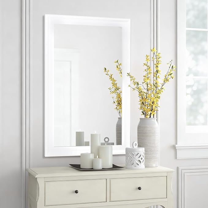 24x36 Inch White Rectangle Bathroom Mirrors for Wall | Tempered Glass, 4 Pre-Installed D-Ring Hooks, Horizontal and Vertical Wall Mount