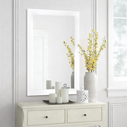 24x36 Inch White Rectangle Bathroom Mirrors for Wall | Tempered Glass, 4 Pre-Installed D-Ring Hooks, Horizontal and Vertical Wall Mount