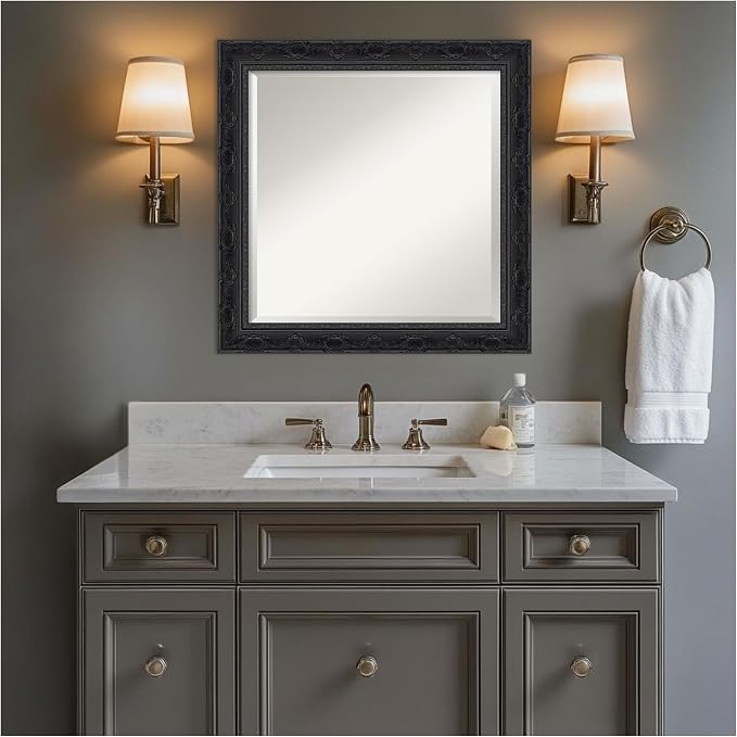 Amanti Art Black Bathroom Mirror for Over Sink, 24x24 Filigree Gloss Black Square Vanity Mirror, Medium Traditional Frame, Hangs Horizonally and Vertically, Bathroom Wall Decor, Beveled Edge
