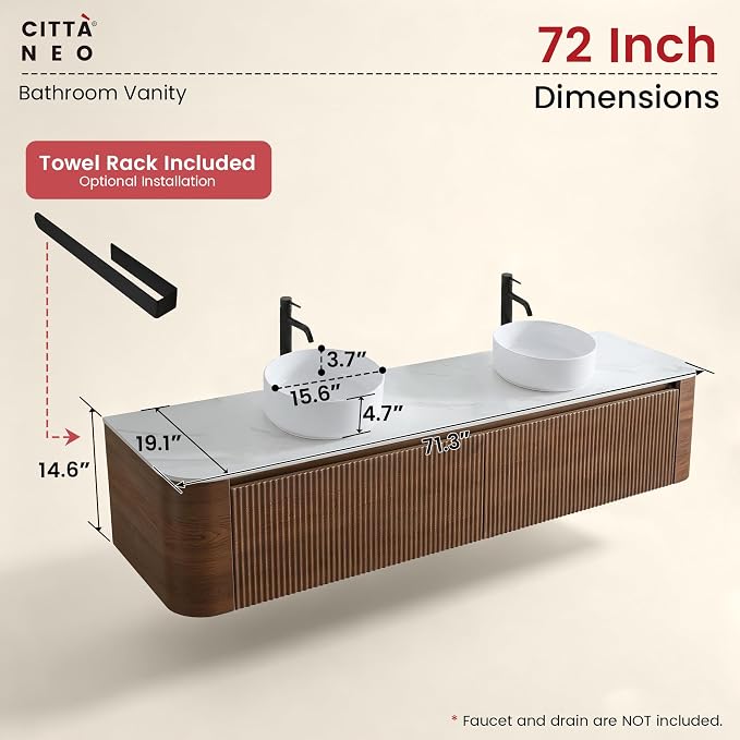72" Floating Bathroom Vanity with Double White Vessel Sink, Walnut | Pre-Assembled Fluted Wall Mounted Vanity with Ceramic Sink, Sintered Stone Countertop, Soft-Close Drawer & Towel Rack