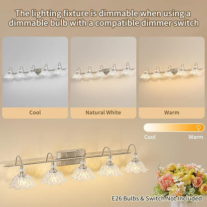 Brushed Nickel 5-Light Bathroom Vanity Light with Floral Clear Glass Shades, Brushed Nickel Wall Mount Lighting for Bathroom, Dressing Table