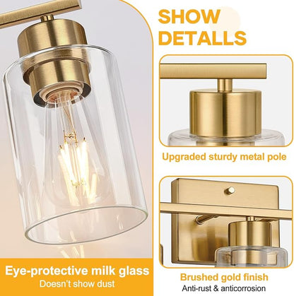 3-Light Brushed Gold Bathroom Vanity Light, Modern Bathroom Light Fixture with Clear Glass Shades, Wall Sconce for Mirror, Kitchen, Bedroom, Living Room, Hallway