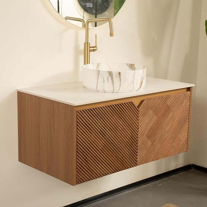 Floating Bathroom Vanity with Sink, 30 Inch Fluted Vanity with Vessel Sink, Modern Bathroom Vanity Cabinet with 2 Doors, White Ceramic Sink with Stone Pattern & Sintered Stone Top, Oak