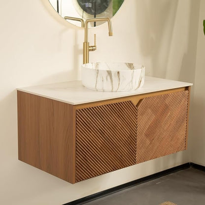 Floating Bathroom Vanity with Sink, 30 Inch Fluted Vanity with Vessel Sink, Modern Bathroom Vanity Cabinet with 2 Doors, White Ceramic Sink with Stone Pattern & Sintered Stone Top, Oak