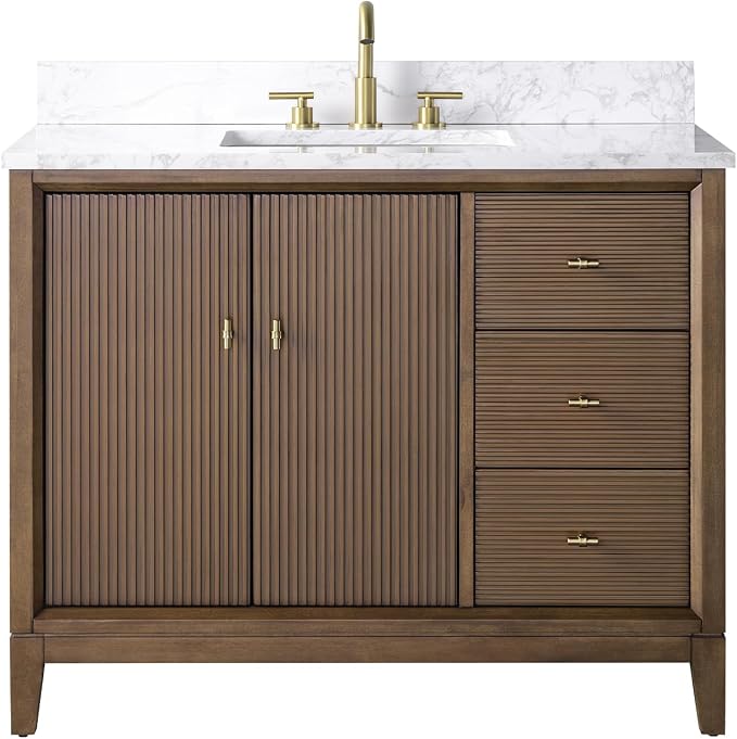 Vanity Art 42" Bathroom Vanity with Single Sink & Arabescato White Engineered Stone Top, Vanity Cabinet with Soft Closing Door, Solid Wood Frame, Golden Brushed Handles, Walnut VA8142-Walnut-GB