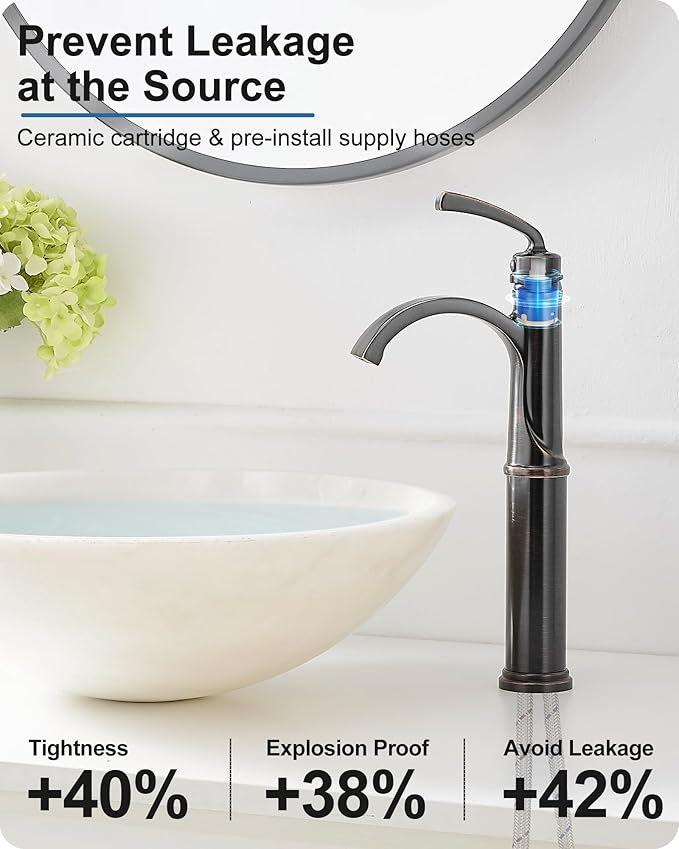 Waterfall Vessel Sink Faucet Oil Rubbed Bronze, Brass Tall Bathroom Faucet with Pop-up Drain, cUPC Supply Hoses, Single Handle for Vanity, Farmhouse, 1 Hole Vessel Sink, 5 Mins Quick Install