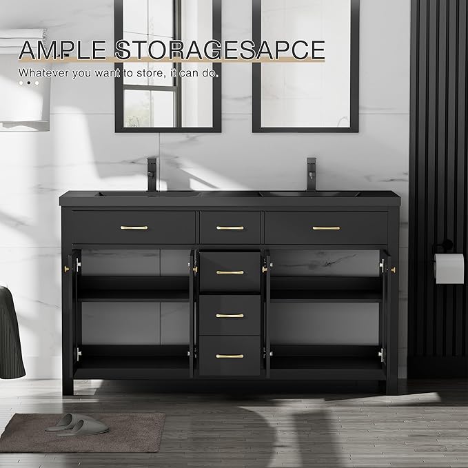 LUCKWIND 60" Bathroom Vanity and Sink Combo, Painted Modern Bathroom Storage Cabinet with Double Black Sink, Four Doors and Three Drawers, Include Faucet, Without Mirror, Black
