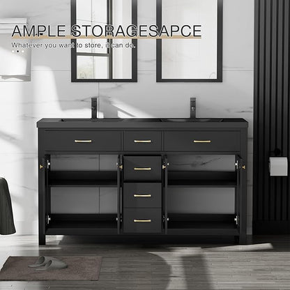 LUCKWIND 60" Bathroom Vanity and Sink Combo, Painted Modern Bathroom Storage Cabinet with Double Black Sink, Four Doors and Three Drawers, Include Faucet, Without Mirror, Black